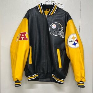 FLAWED VTG Y2K embroidered NFL Pittsburgh Steelers sports coat faux leather LG